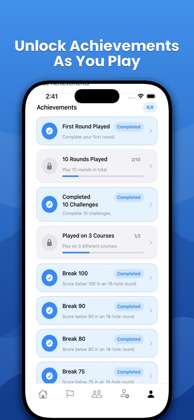 Fore! achievements screen showing unlocked and locked achievements