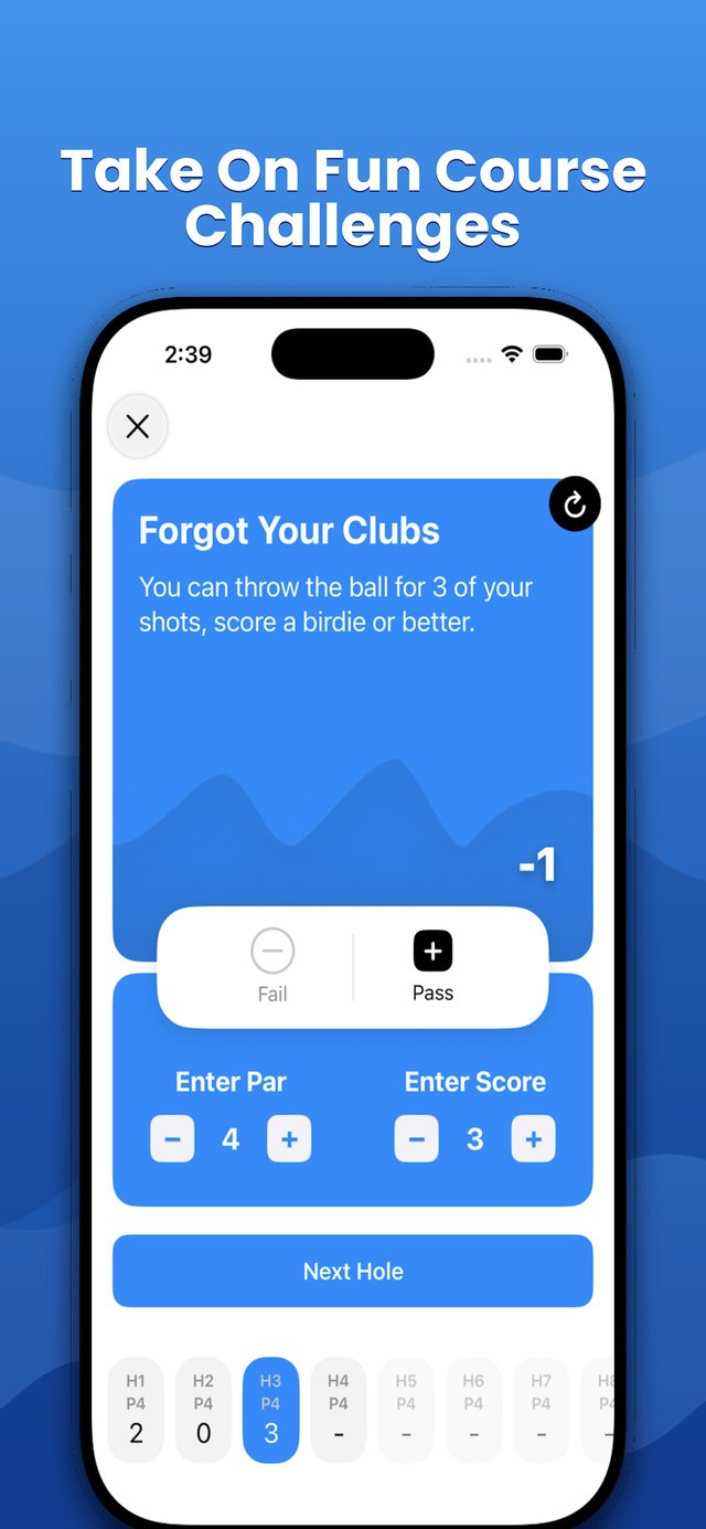 Fore! challenge screen: Forgot Your Clubs, enter par and score